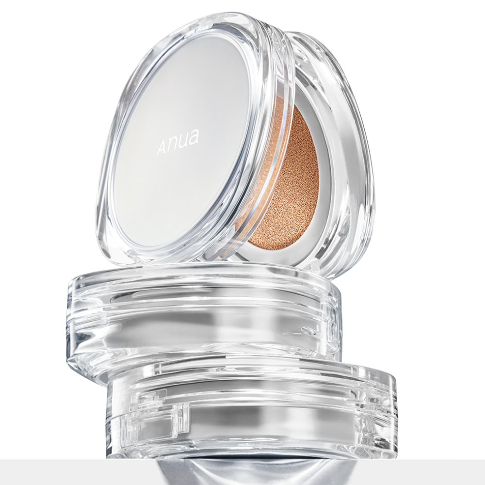 ANUA Cushion of the knot in a sleek transparent case, highlighting its elegant design and smooth finish for flawless application.