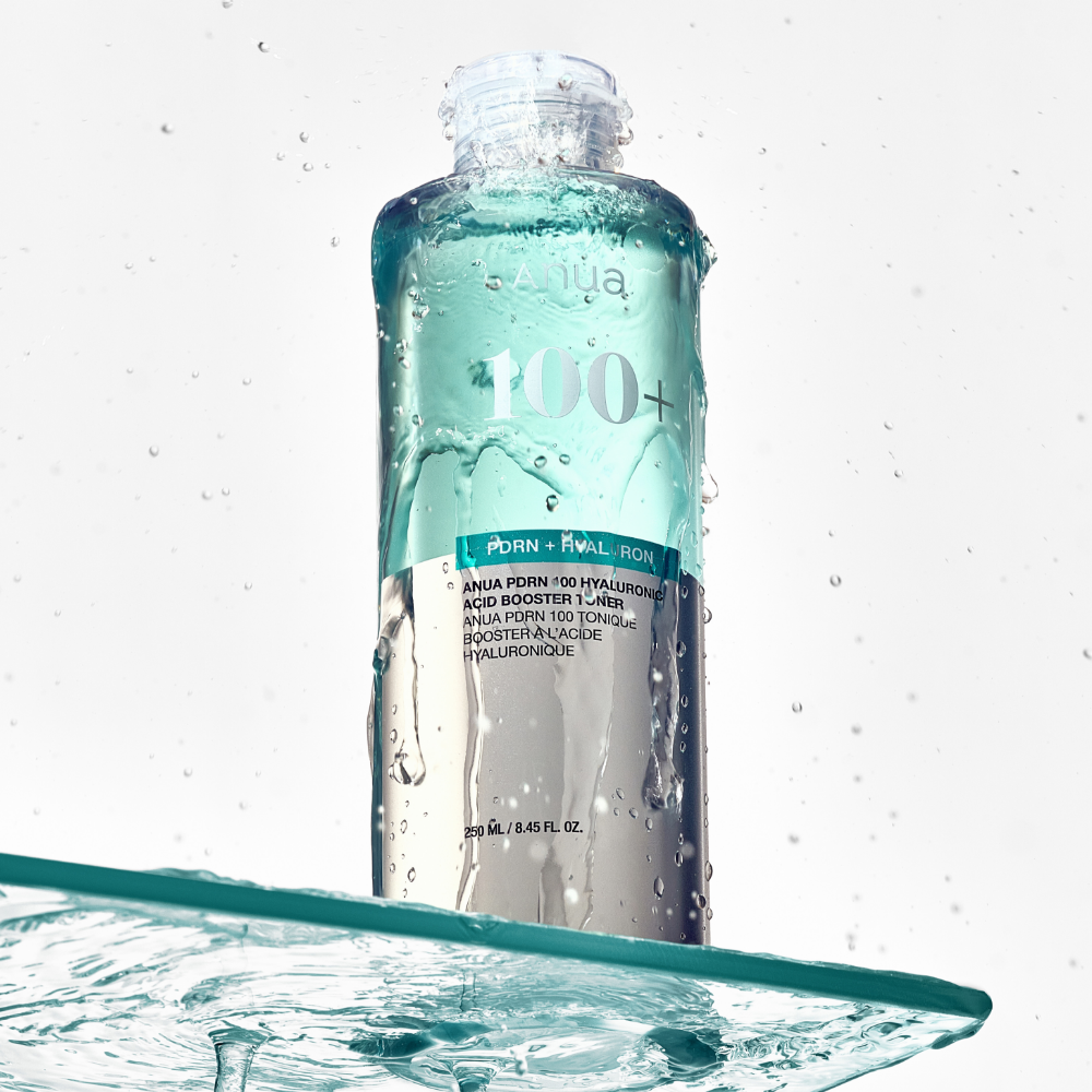 ANUA PDRN 100 Hyaluronic Acid Booster Toner 250ml bottle with water droplets