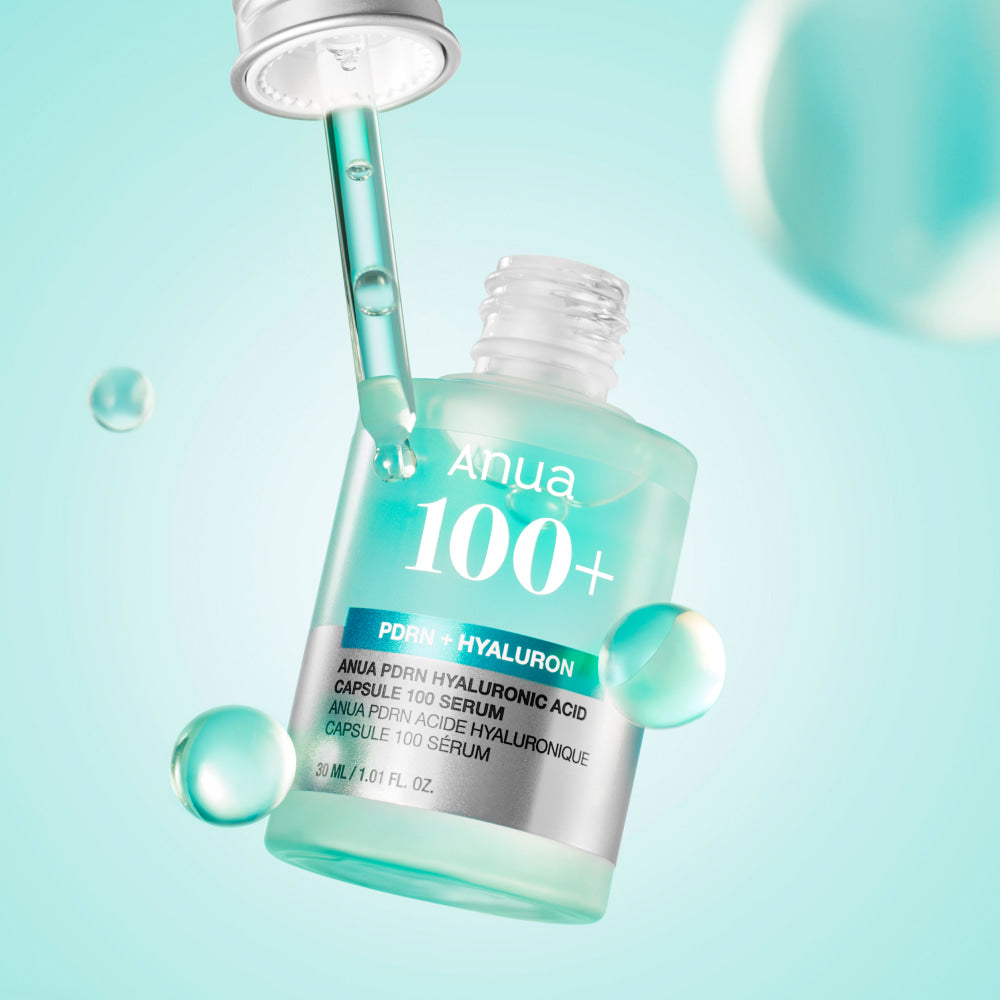 ANUA PDRN + Hyaluronic Acid Capsule 100 Serum 30ml bottle and dropper with serum droplets