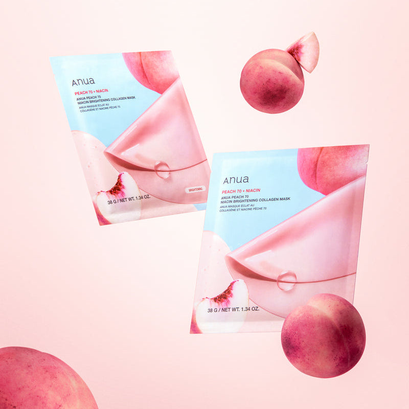 ANUA Peach 70 Niacin Brightening Collagen Mask 4pcs packaging with peaches on pink background.
