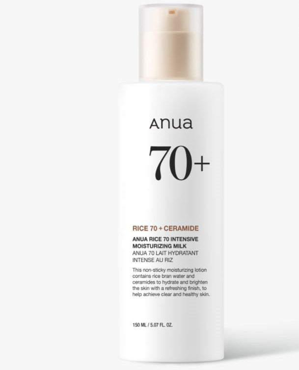 ANUA Rice 70 + Ceramide Intensive Moisturizing Milk 150ml bottle on white background