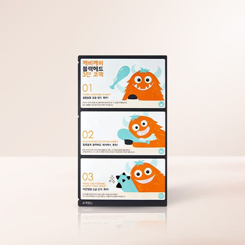 A'PIEU Goblin Blackhead 3-Step Nose Pack box displaying fun monster illustrations and product details.