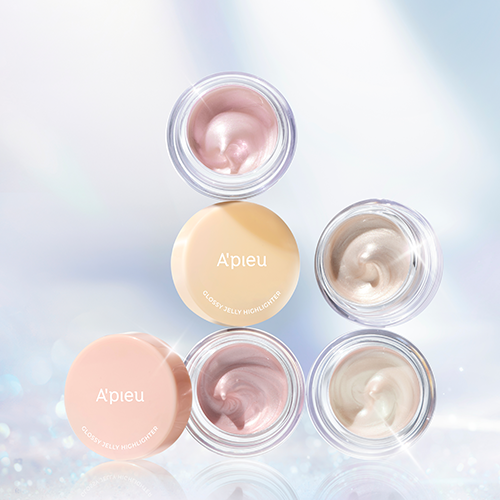 A'PIEU Juicy Pang Glossy Jelly Highlighter in various shades with shimmering texture.