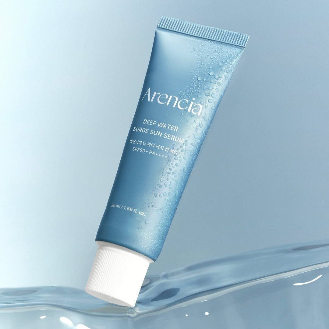 ARENCIA Deep Water Surge Sun Serum 50ml in blue packaging, highlighting its sun protection and moisturizing benefits.