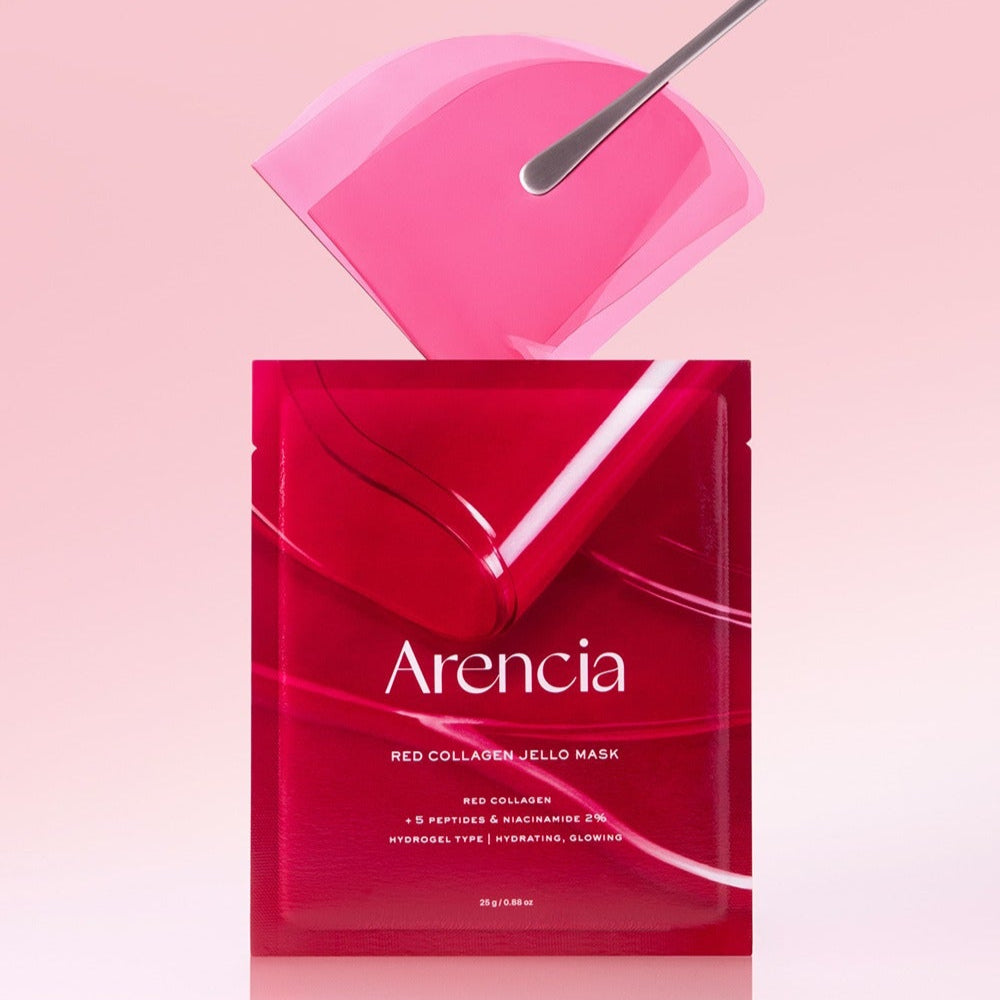 ARENCIA Red Collagen Gel Mask 4 Sheets packaging with open gel mask showing texture and color against a soft pink background