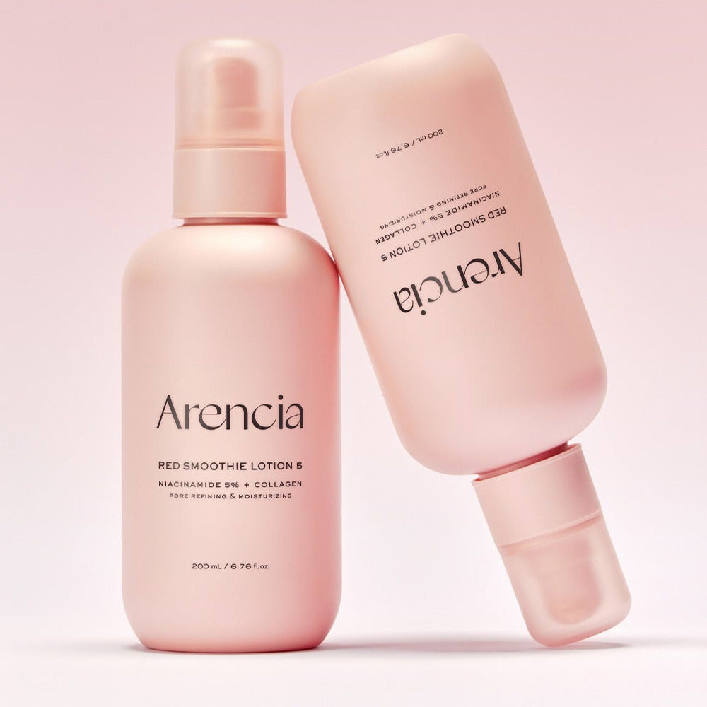 ARENCIA Red Smoothie Lotion 5 200ml bottles with niacinamide and collagen for pore refining and moisturizing, 200ml size.