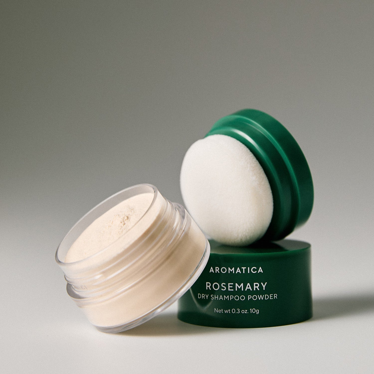 AROMATICA Rosemary Dry Shampoo Powder 10g open container with puff applicator, showcasing powder texture and packaging design.