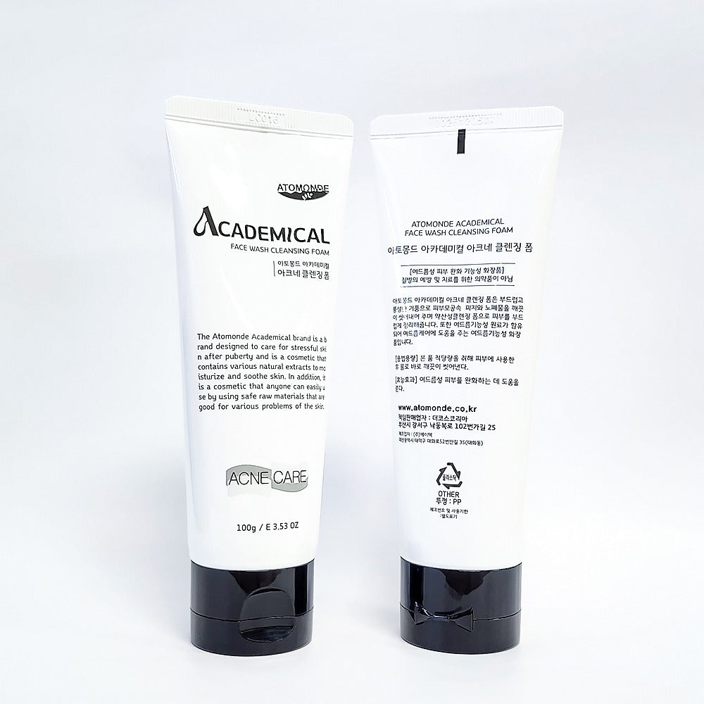 ATOMANDE Academic Face Wash Cleansing Foam 100g shown in dual packaging.