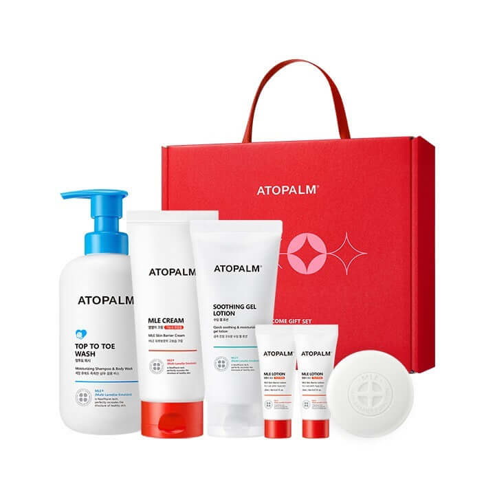 ATOPALM Baby Gift Set (3 types of cream + wash + soothing gel) with red packaging and skincare products on display.
