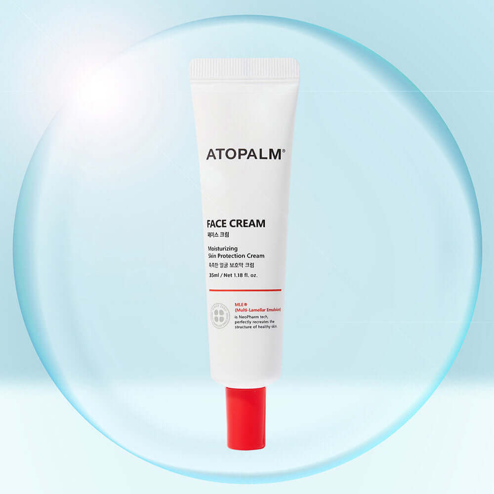 ATOPALM Face Cream 35ml tube against a blue background, showcasing moisturizing skin protection features.