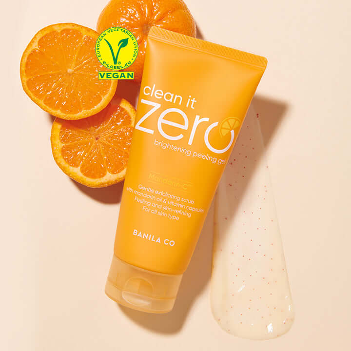 BANILA CO Clean It Zero Brightening Peeling Gel 120ml with citrus slices and gel texture on beige background.