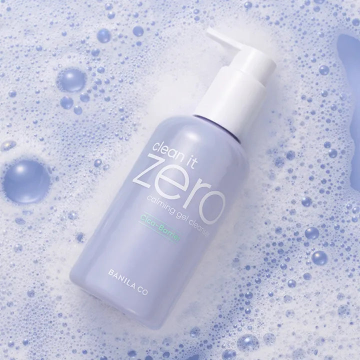 BANILA CO Clean It Zero Calming Gel Cleanser 200ml bottle on a bubbly background.