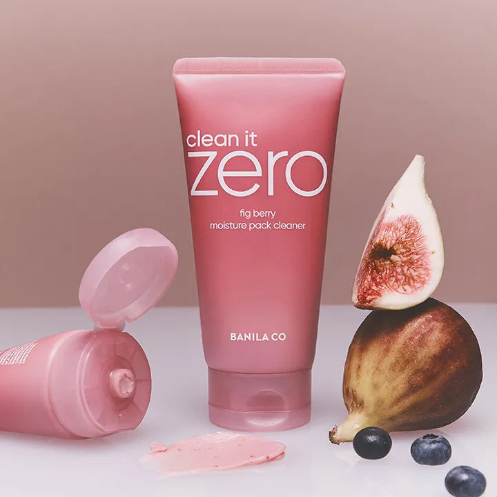 BANILA CO Clean It Zero Figberry Moisture Pack Cleanser 180g with figs and berries for hydration displayed on a soft pink background.