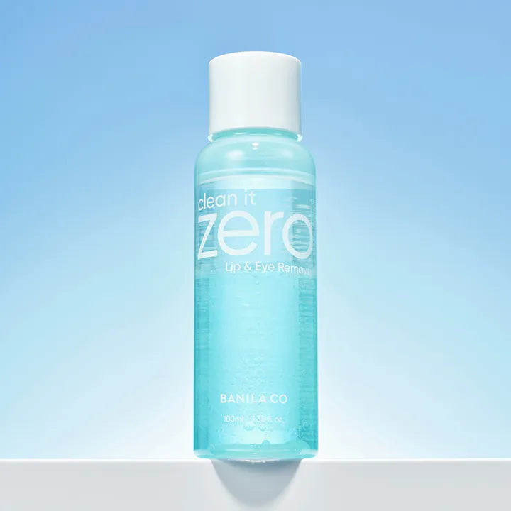 BANILA CO Clean It Zero Lip & Eye Remover 100ml bottle against a blue background