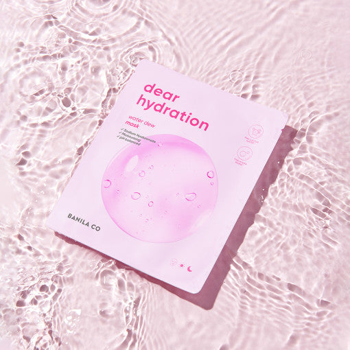 BANILA CO Dear Hydration Sheet Mask on a pink watery background, showcasing the packaging and branding.
