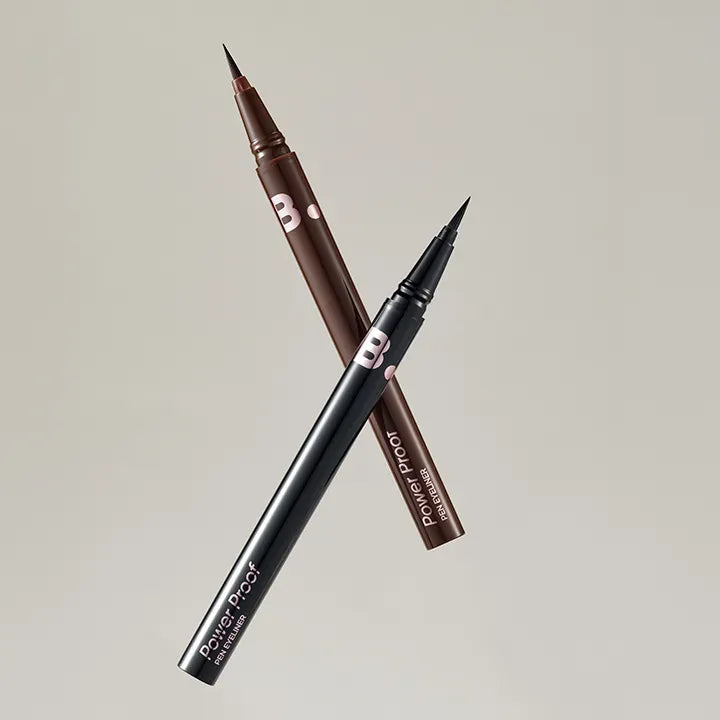 BANILACO Powerproof Pen Eyeliner in brown and black, waterproof and long-lasting precision tips on a light grey background.