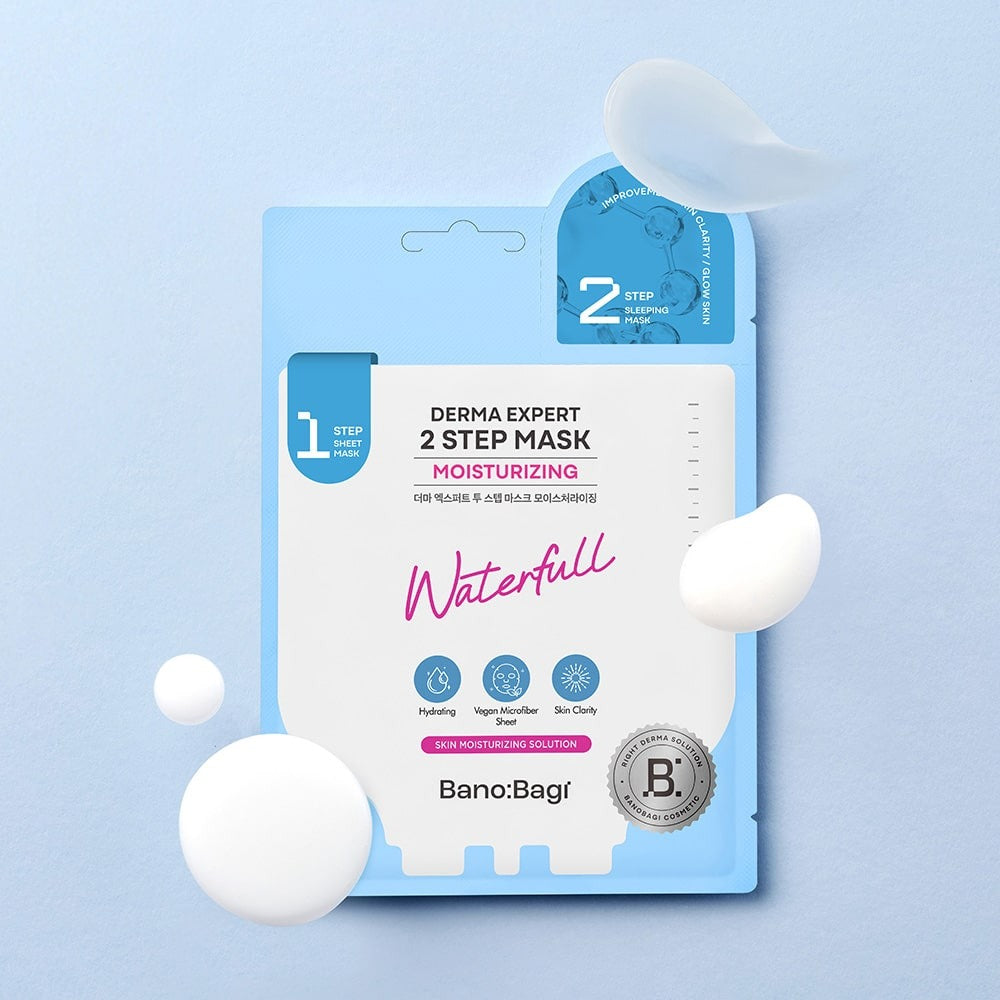 BANOBAGI Derma Expert 2 Step Mask Moiturizing packaging with hydrating features on a blue background.