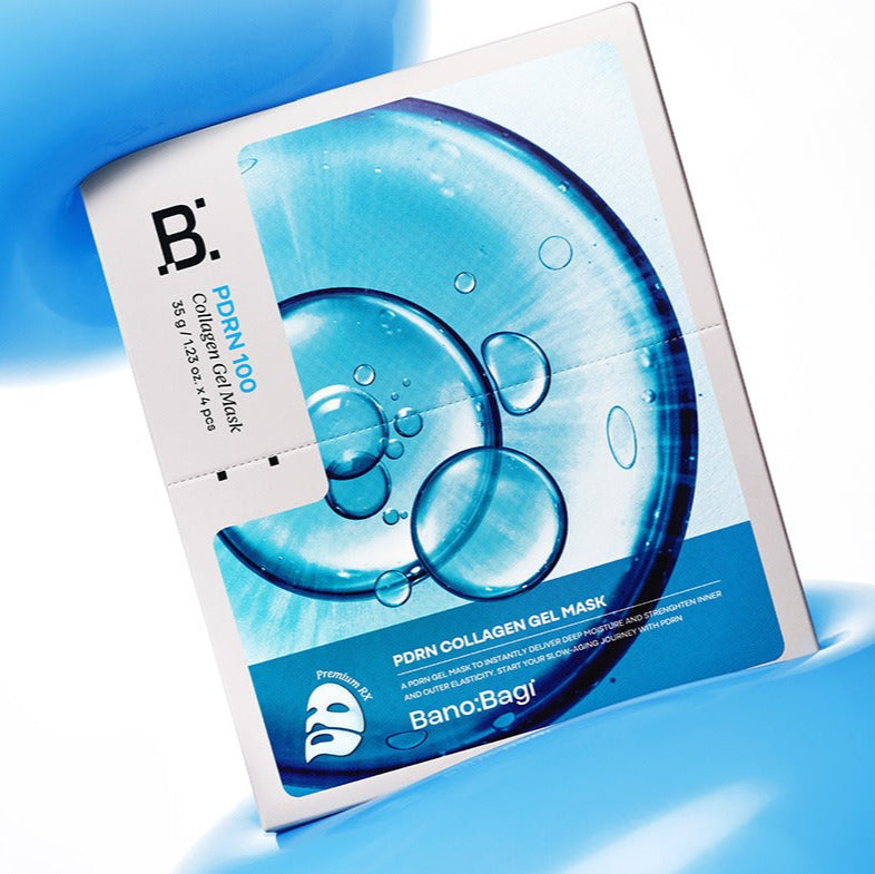 BANOBAGI PDRN Collagen Gel Mask 4 sheets packaging with vibrant blue design and water droplet imagery.