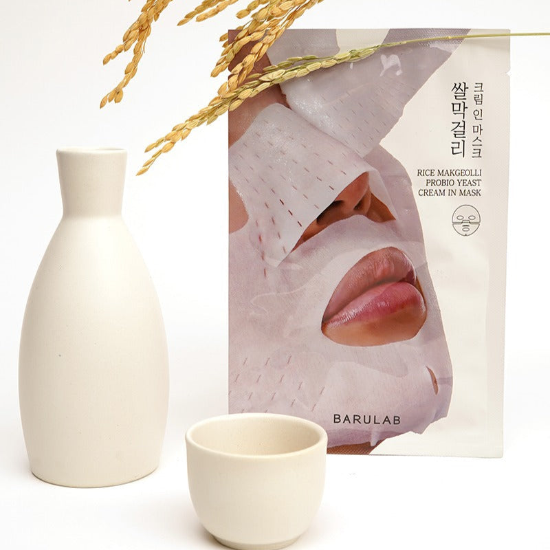 BARULAB Rice Makgeolli Probiotic Yeast Cream In Mask 5 Sheets displayed with ceramic sake set
