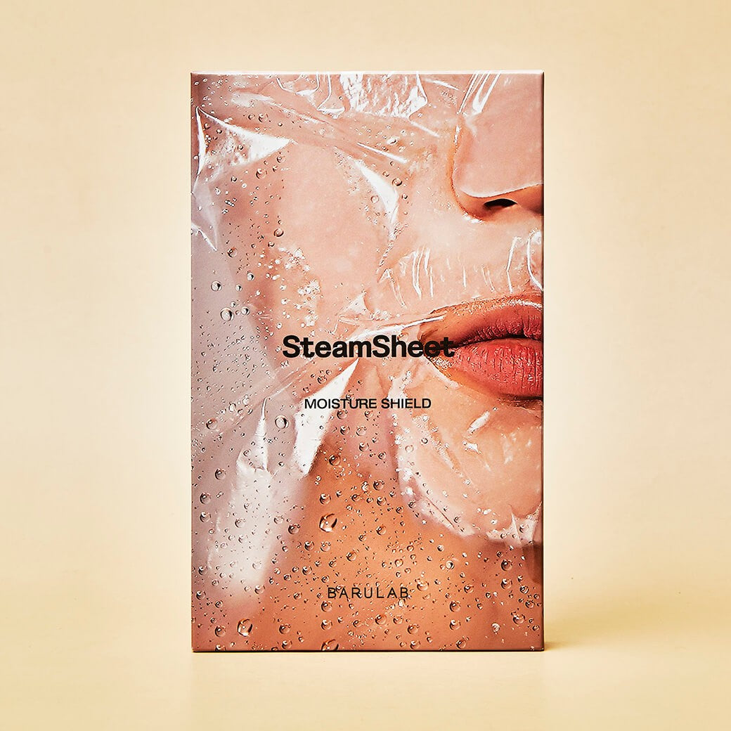 BARULAB Steam Sheets Moisture Shield Oil Lock Facial Mask 5 Packs packaging with a close-up image of a face covered in the mask.