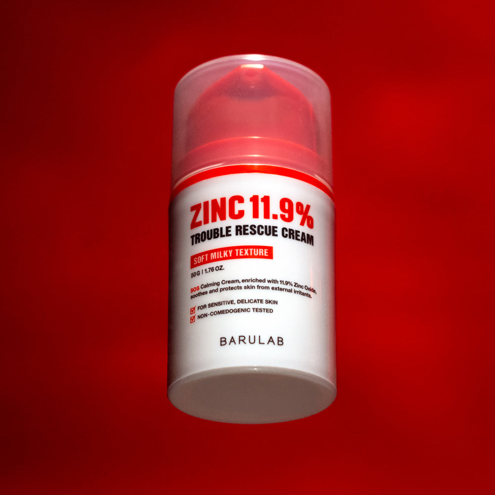 BARULAB Zinc 11.9 Percent Trouble Rescue Cream product bottle on red background