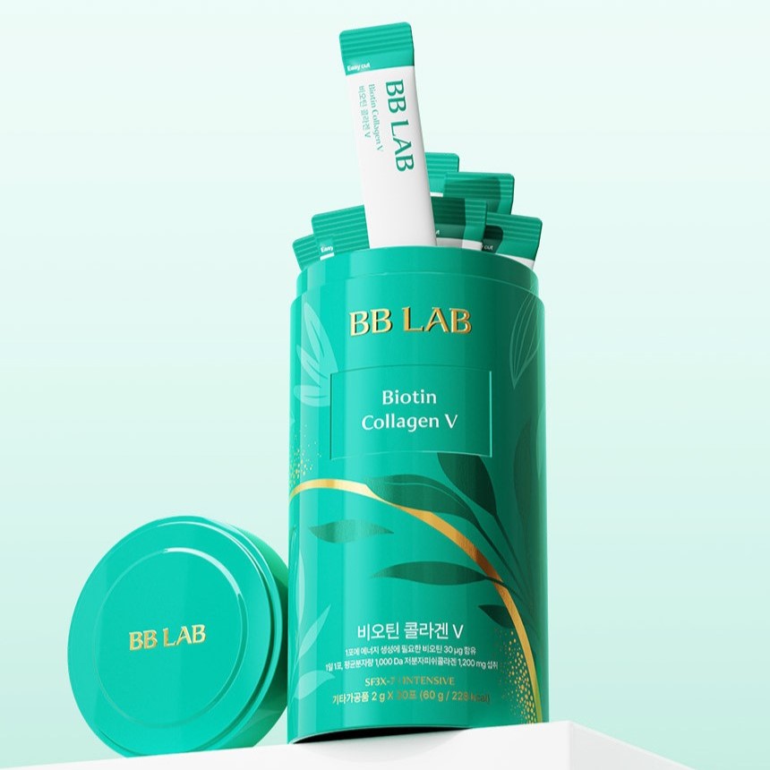 BB LAB Biotin Collagen V 30 Sticks 60g green packaging on a light background