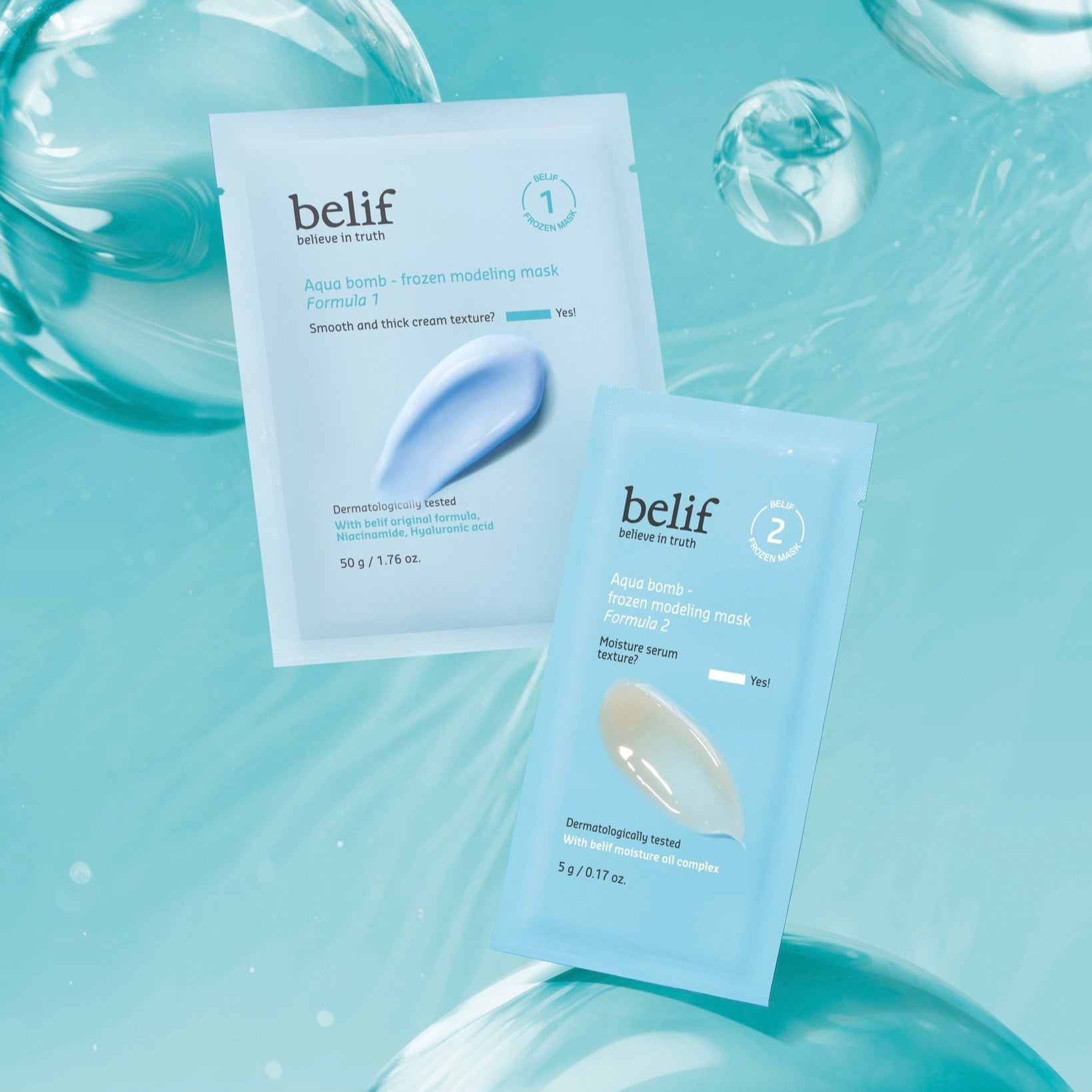 BELIF Aqua Bomb Frozen Modeling Mask shown in packaging with light blue background, highlighting its cream texture and skin benefits.