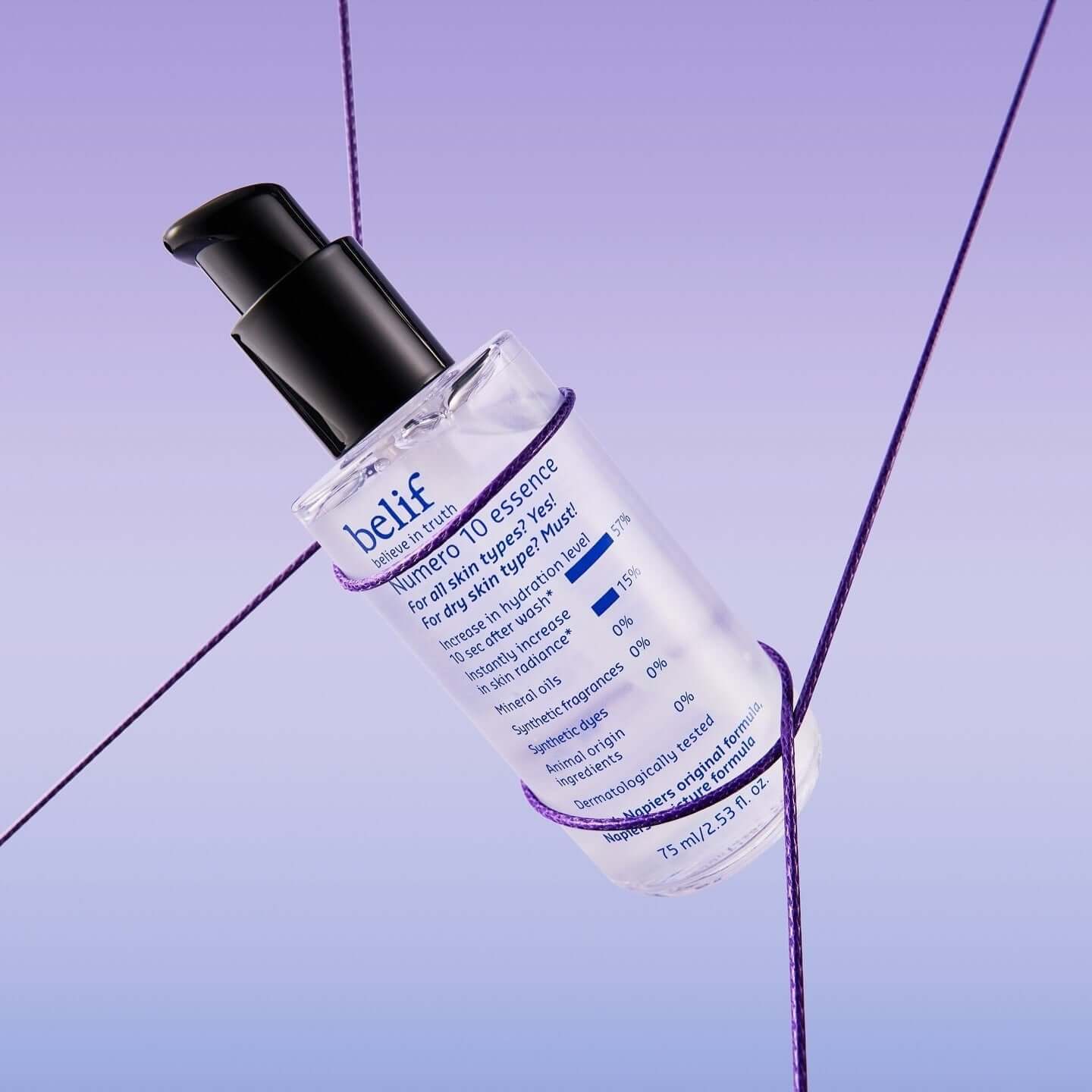 BELIF Numero 10 Essence 75ml, hydrating serum bottle on purple background