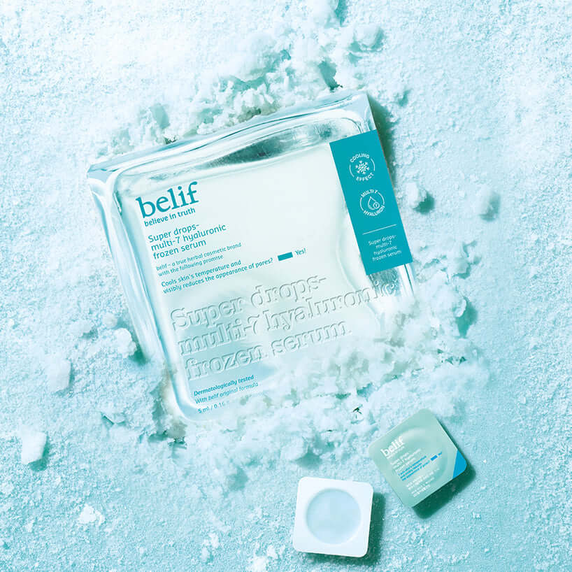 BELIF Super Drop Frozen Serum 5ml on a snowy background showcasing the packaging and product details prominently for skincare enthusiasts.