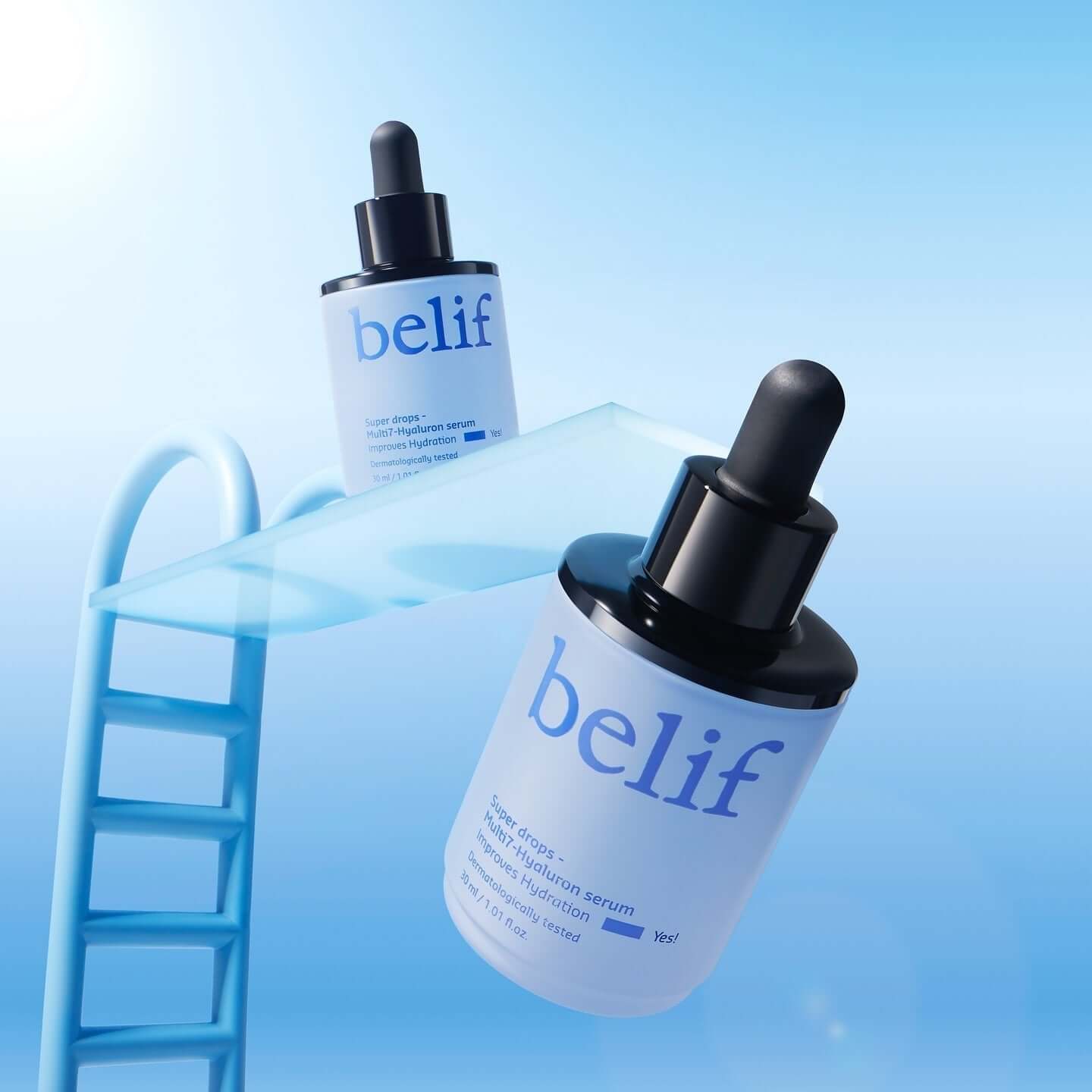BELIF Super Drops Multi 7-Hyaluron Serum 30ml displayed with blue background and ladder