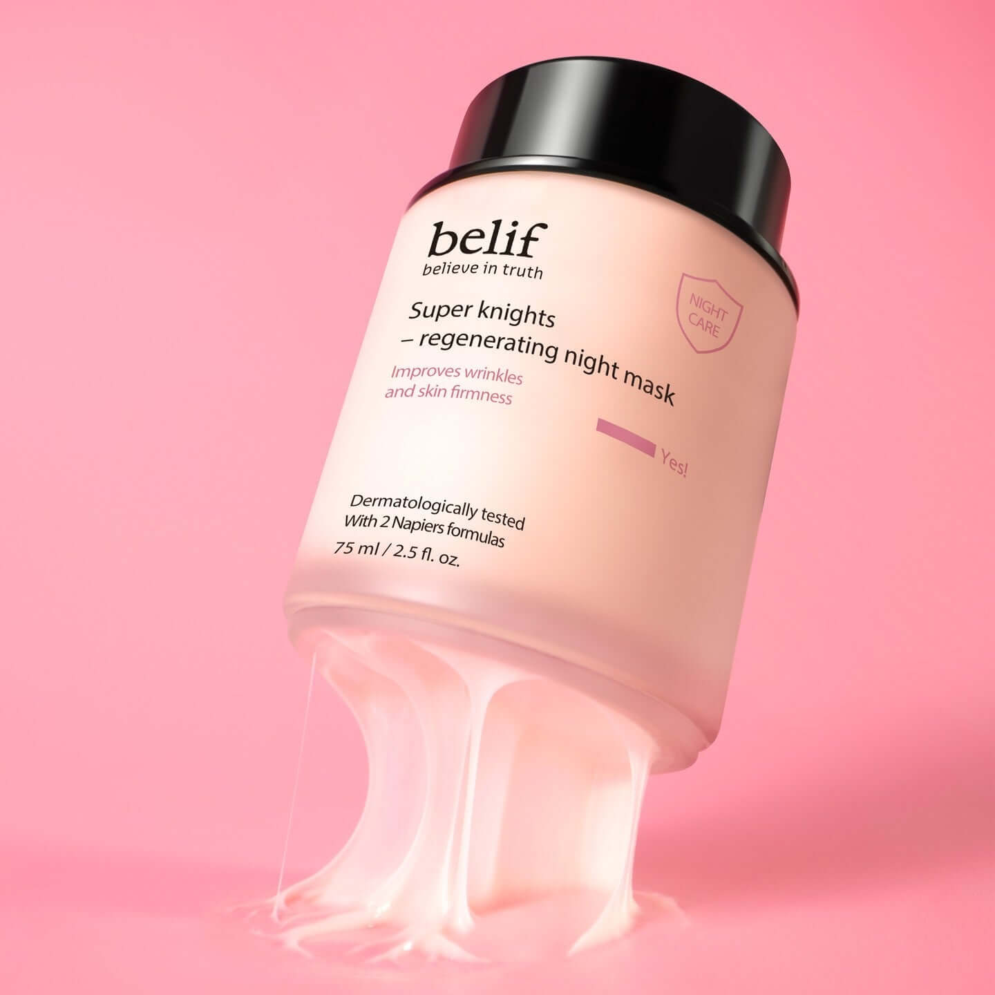BELIF Super Knight Regenerating Night Mask 75ml jar on a pink background with product details visible.