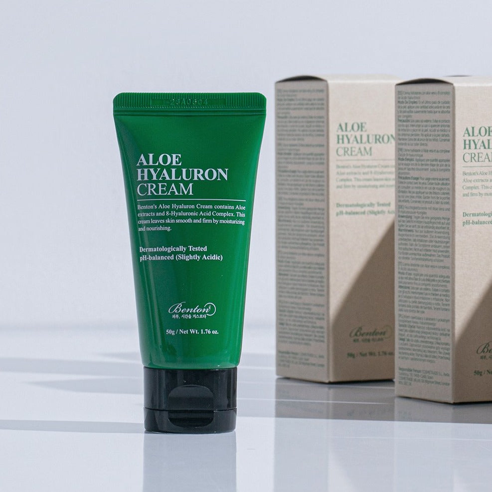 BENTON Aloe Hyaluron Cream 50ml moisturizer for soothing and hydrating skin, featuring aloe vera and hyaluronic acid formula in tube.