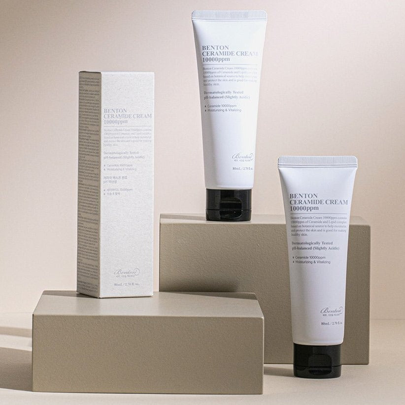 BENTON Ceramide Cream 10000ppm 80ml tubes and box on display showcasing skincare product.