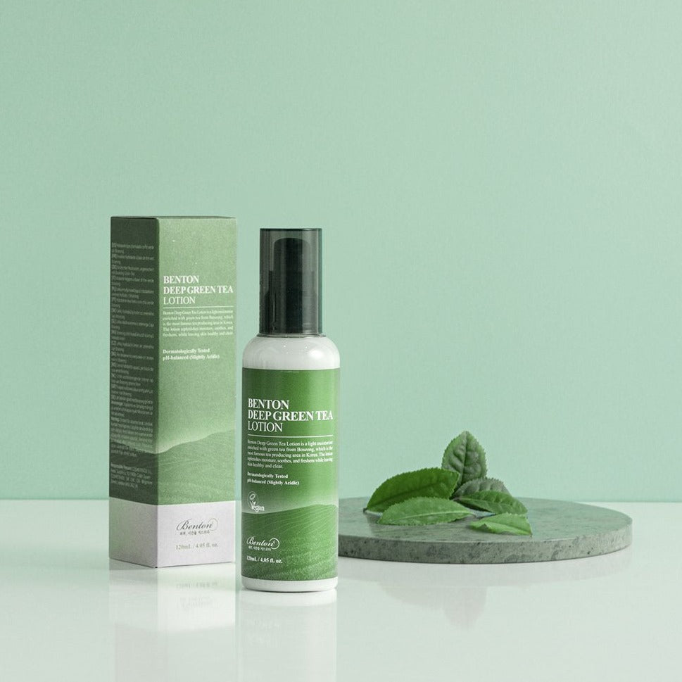 BENTON Deep Green Tea Lotion 120ml with packaging, featured on green background, highlighting its hydrating and antioxidant benefits.