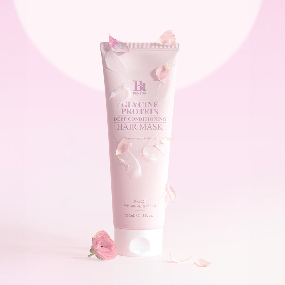 BENTON Glycine Protein Deep Conditioning Hair Mask 220ml on pink background with flower petals