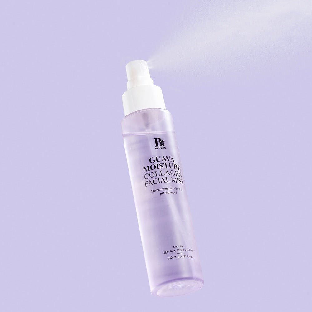 BENTON Guava Hydrating Collagen Mist 100ml bottle on a soft purple background, showcasing skincare spray for hydration and collagen boost.