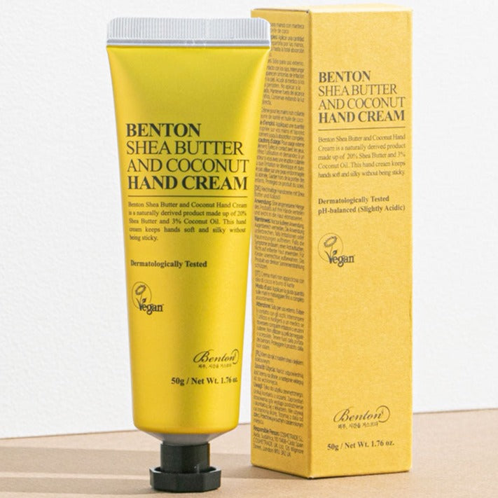 BENTON Shea Butter and Coconut Hand Cream 50ml product packaging with yellow tube and box. Ideal for dry, rough skin.