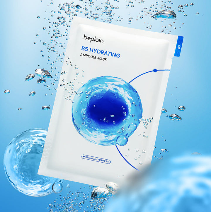 BEPLAIN B5 Hydrating Ampoule Mask 5 Sheets against a blue background with water droplets