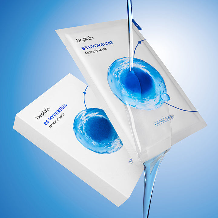 BEPLAIN B5 Hydrating Ampoule Mask 5 Sheets packaging with blue liquid splash against a blue background.