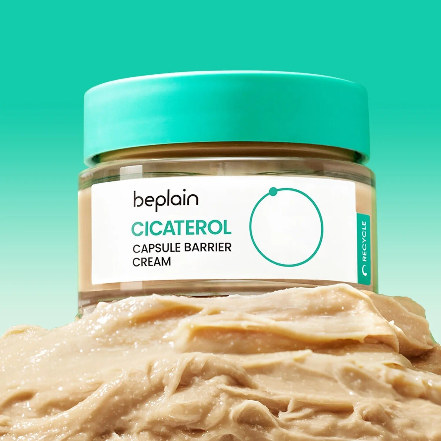 Product image of BEPLAIN Cicaterol Capsule Barrier Cream 50ml jar with cream texture against a teal background.