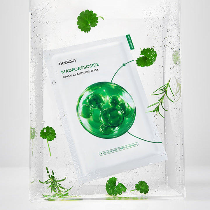 BEPLAIN Madecassoside Calming Ampoule Mask 5 Sheets with green herbal design showcasing soothing and hydrating benefits.