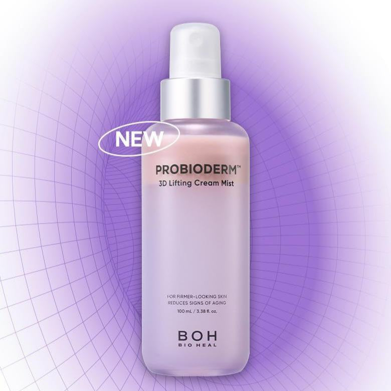 BIO HEAL BOH Probioderm 3D Lifting Cream Mist 100ml bottle on a purple grid background.