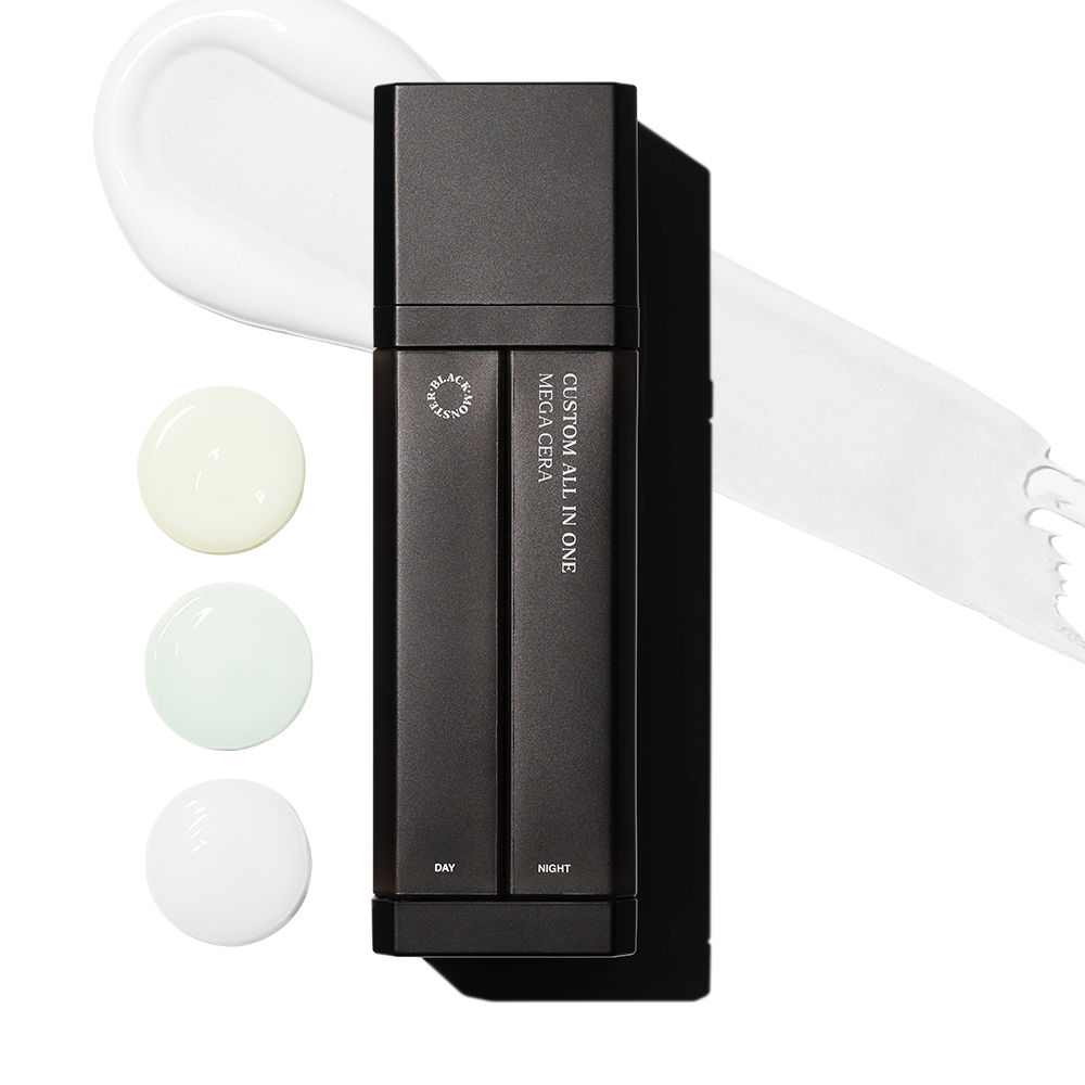 BLACK MONSTER Custom All-in-One 75ml – Gentleman Korea men’s skincare bottle with cream swatches, day and night formula