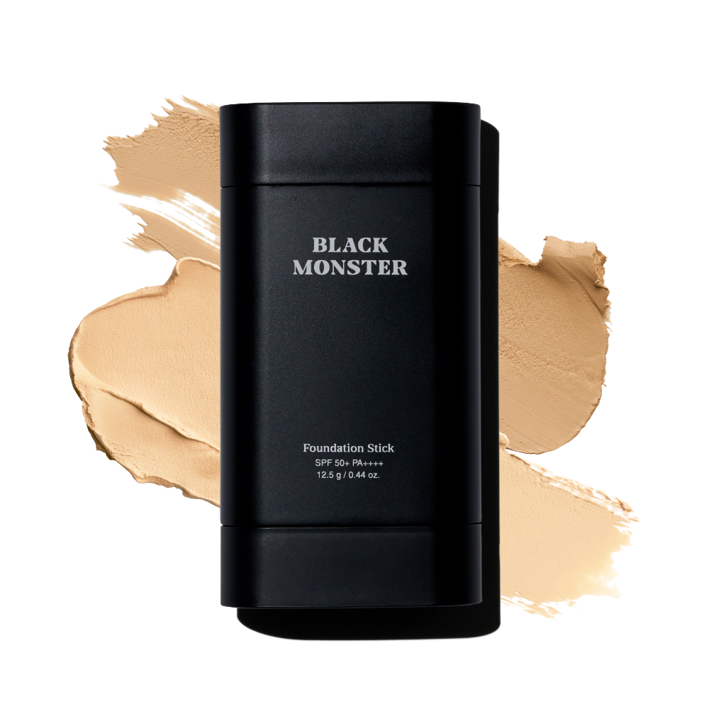BLACK MONSTER Foundation Stick by Gentleman Korea — matte stick foundation for men, SPF 50+, creamy beige swatch backdrop