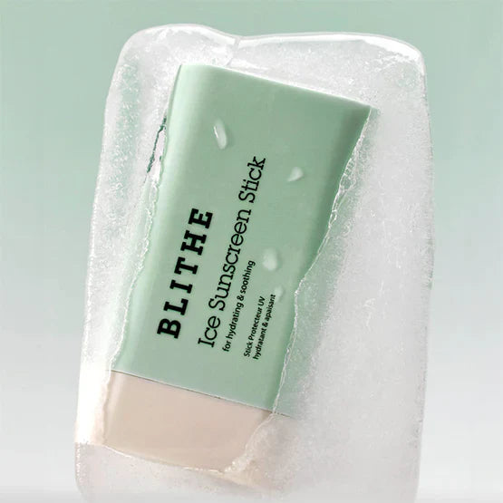 BLITHE Ice Sunscreen Stick encased in ice, showcasing hydrating and cooling properties for UV protection.