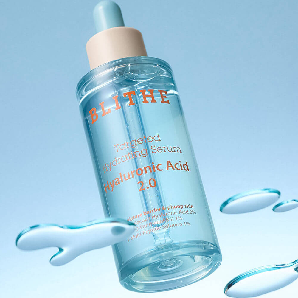 BLITHE Targeted Hydrating Serum Hyaluronic Acid 2.0 50ml in a clear bottle with droplets, showcasing skincare product.