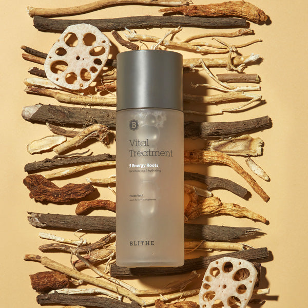 BLITHE Vital Treatment 5 Energy Roots 54ml/150ml essence bottle with natural root extracts for all skin types.
