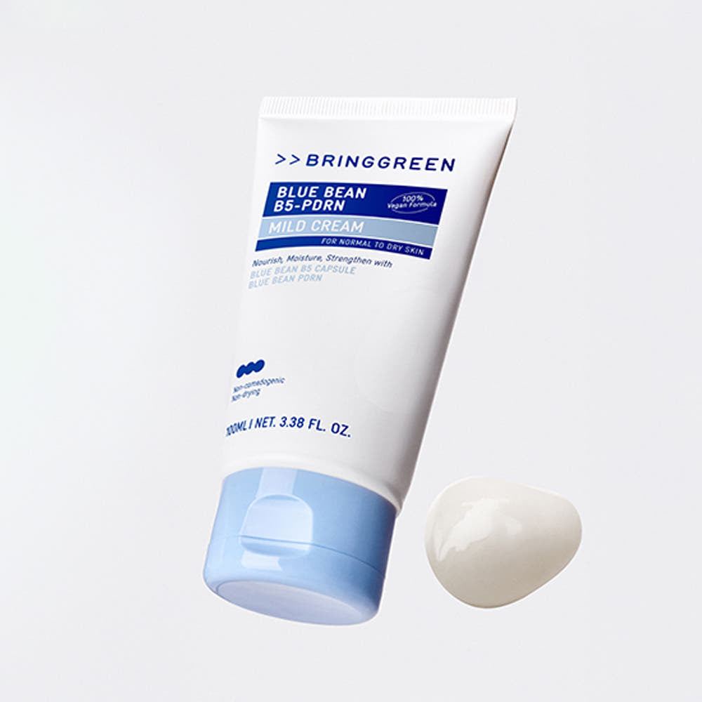 BRINGGREEN Blue Bean B5-PDRN Mild Cream 100ml tube with cream swatch on light background.