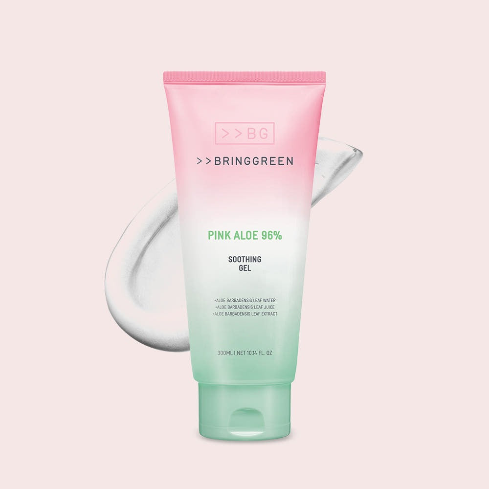 BRINGGREEN Pink Aloe 96% Soothing Gel 300ml product image on a pink background