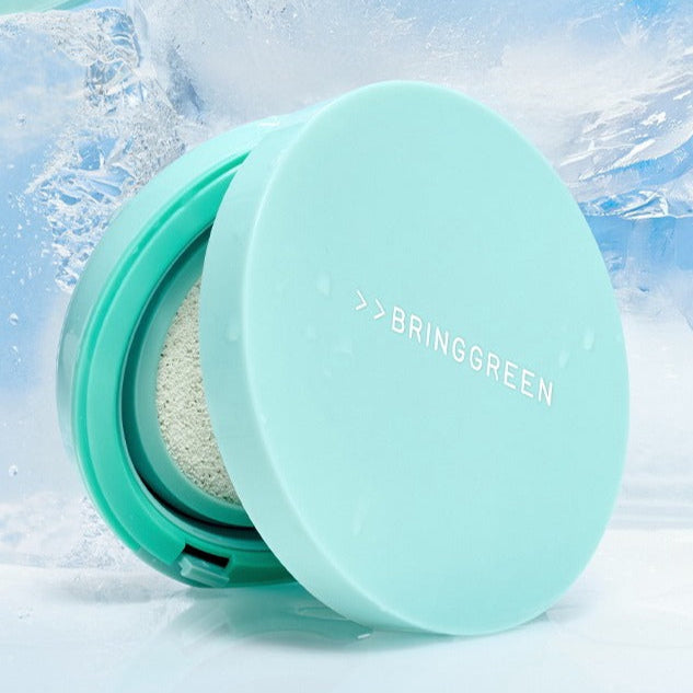 BRINGGREEN Tea Tree Cica Tone Up Sun Cushion under blue ice background